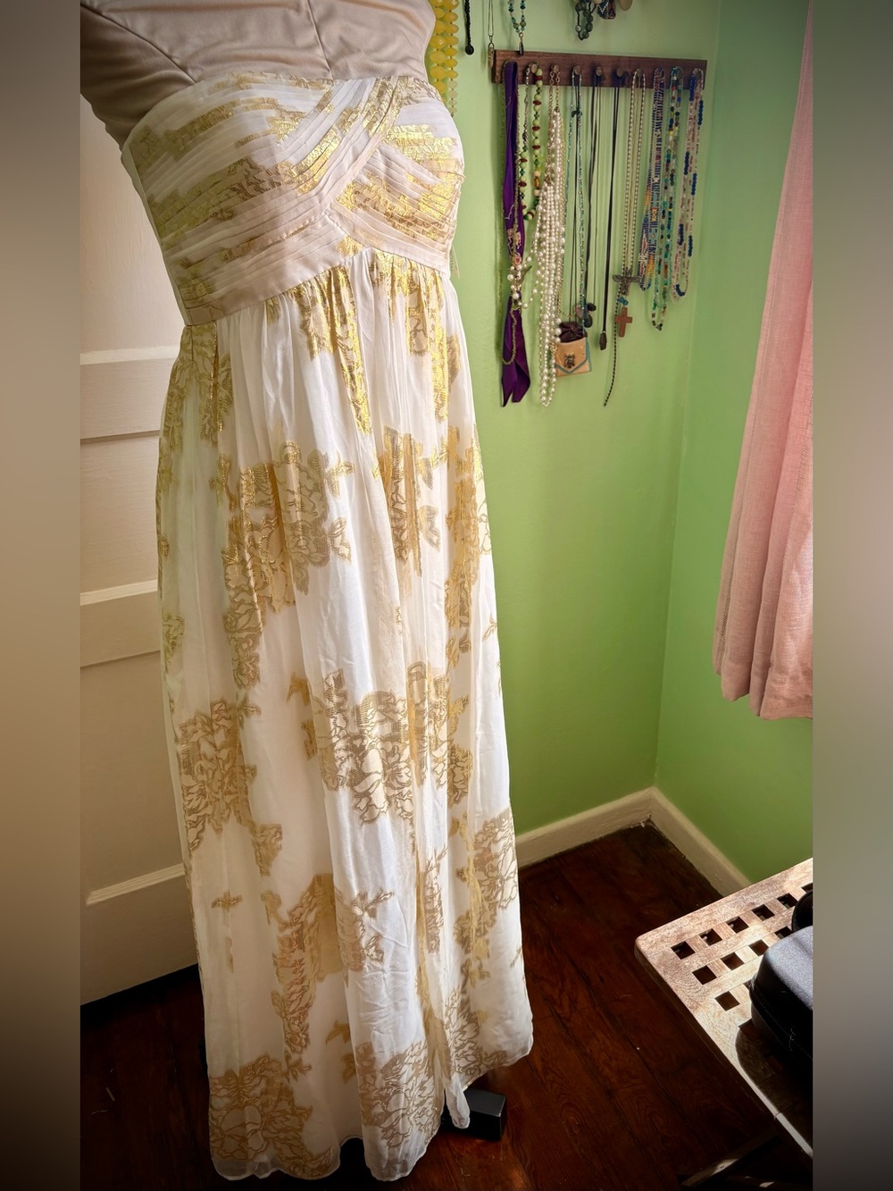 Oleg Cassini Silk White Strapless Maxi Dress with Gold Foil Detail